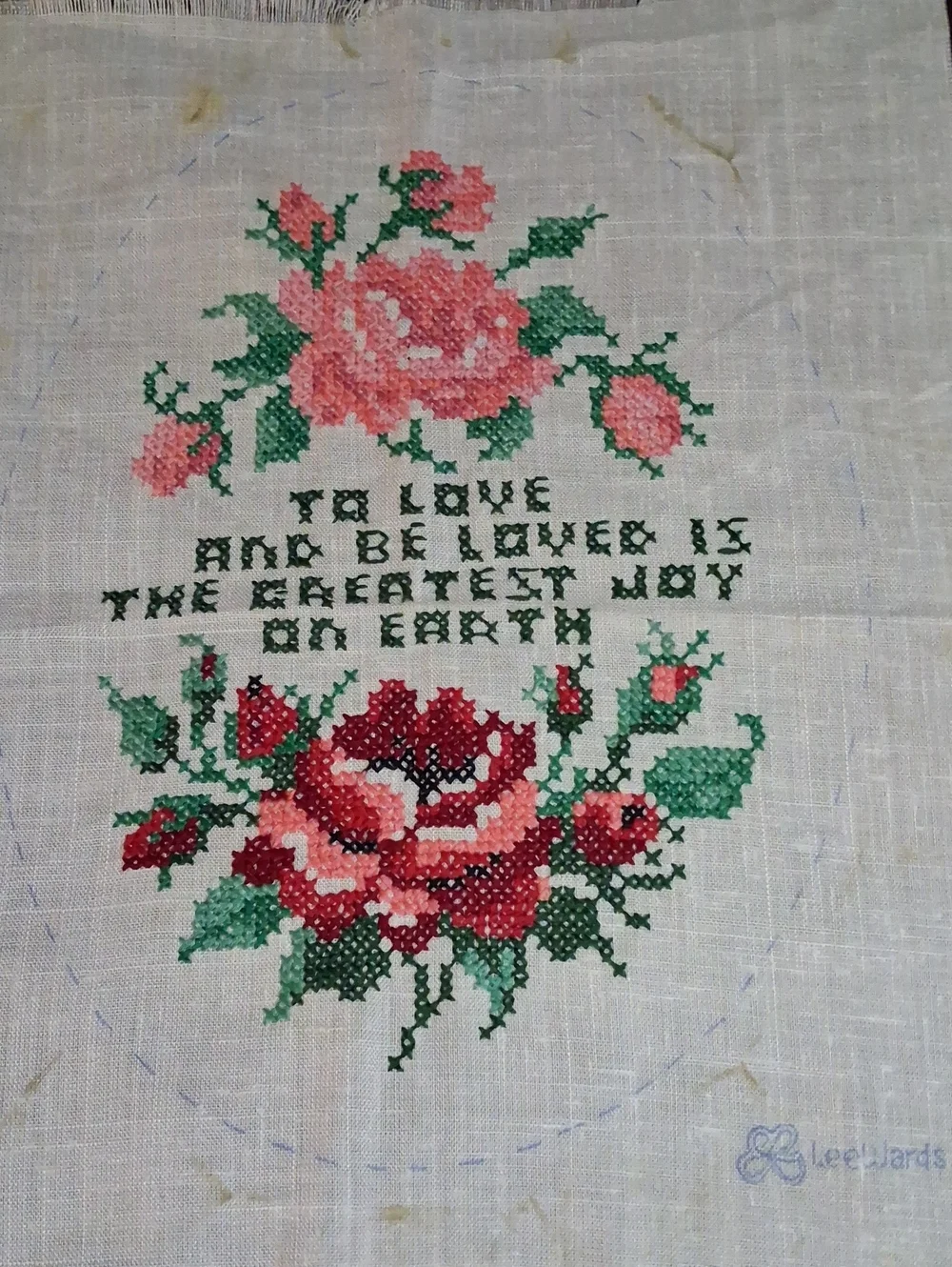 Handstitched Pink Rose Cross Stitch Wall Decor